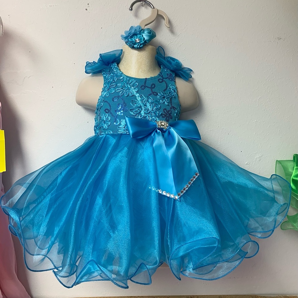 3/6 Months Infant Turquoise Blue Pageant Dress with Matching Headband NWT